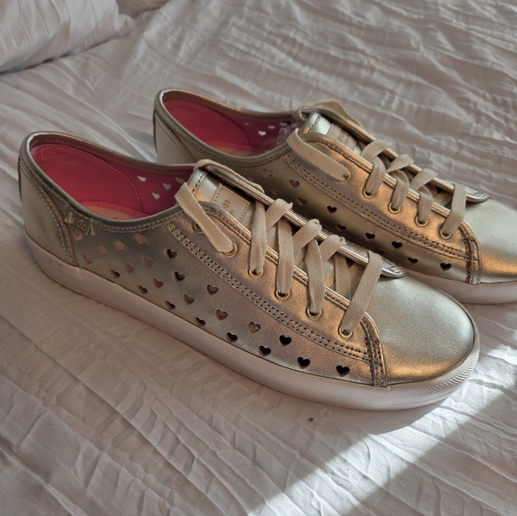 kate spade Metallic Gold Low-Top Lace-Up Sneakers with Pink Lining - Picture 3 of 6